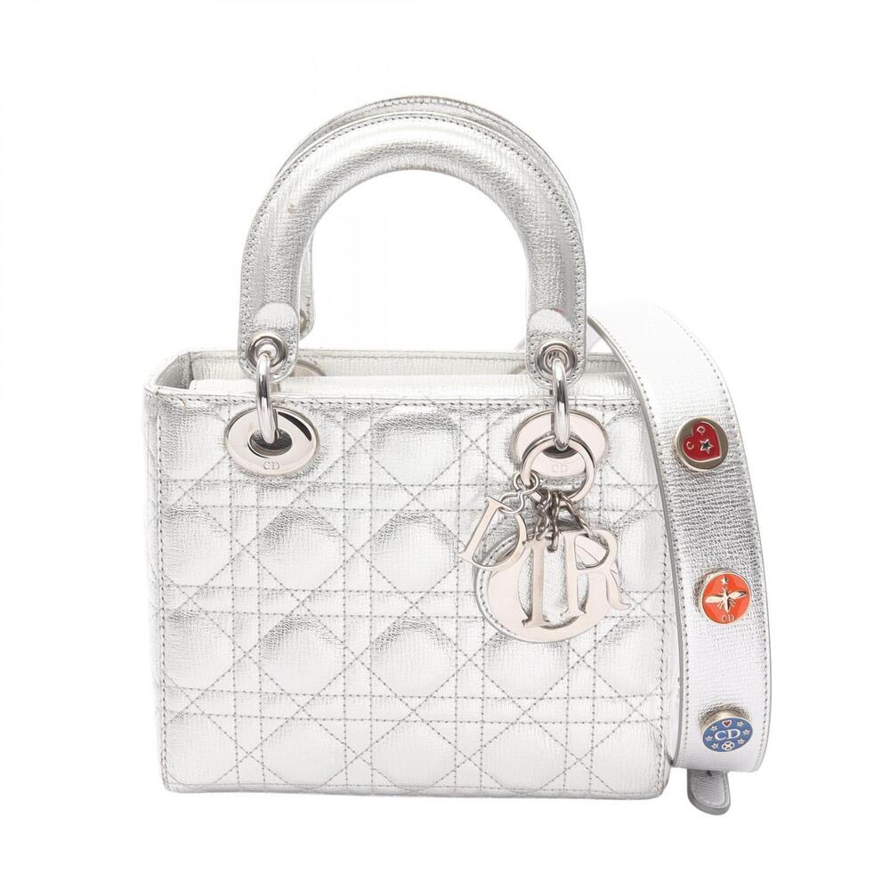 Christian Dior LADY MY ABC Christian Dior Cannage Handbag Leather Silver Tone